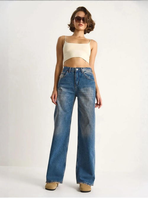 Pantalon en jean taille haute et jambe large lucci - Kiabi