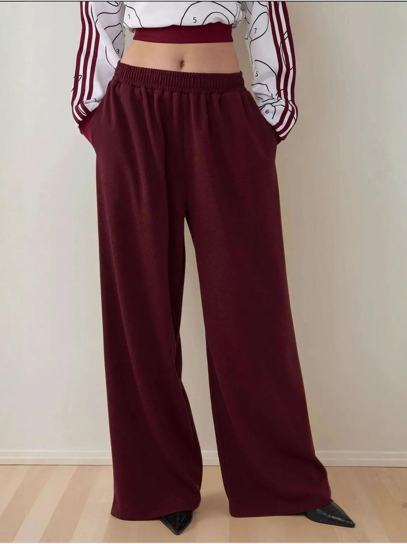 Pantalon en jersey à jambe large avec taille élastique Rouge bordeaux - Kiabi
