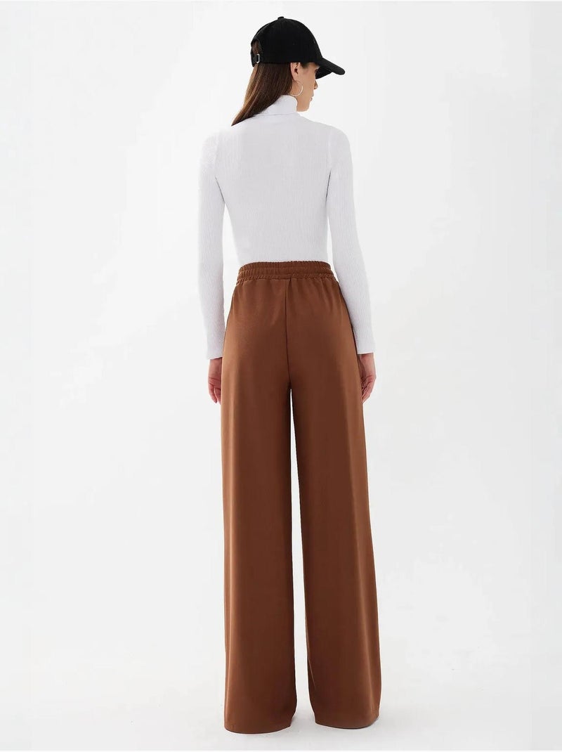 Pantalon en jersey à taille élastique et jambes larges Marron - Kiabi