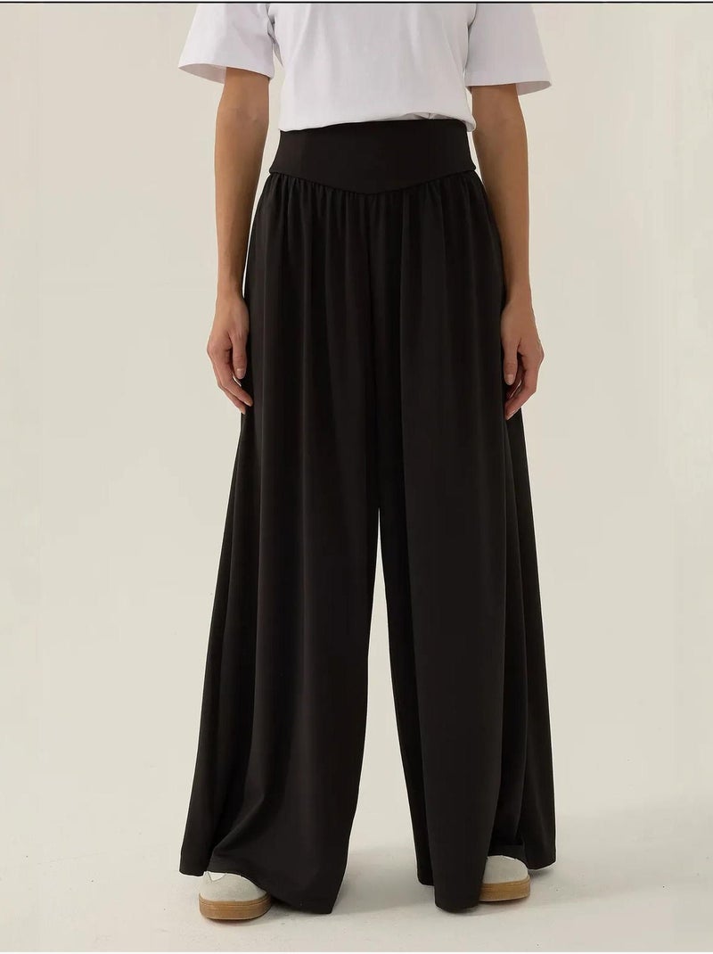 Pantalon en jersey à taille haute et jambes larges plissées Noir - Kiabi