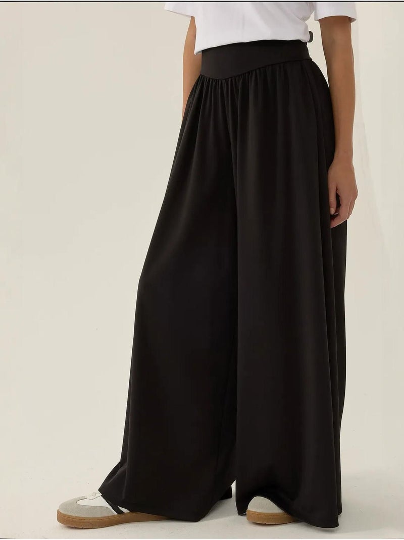 Pantalon en jersey à taille haute et jambes larges plissées Noir - Kiabi