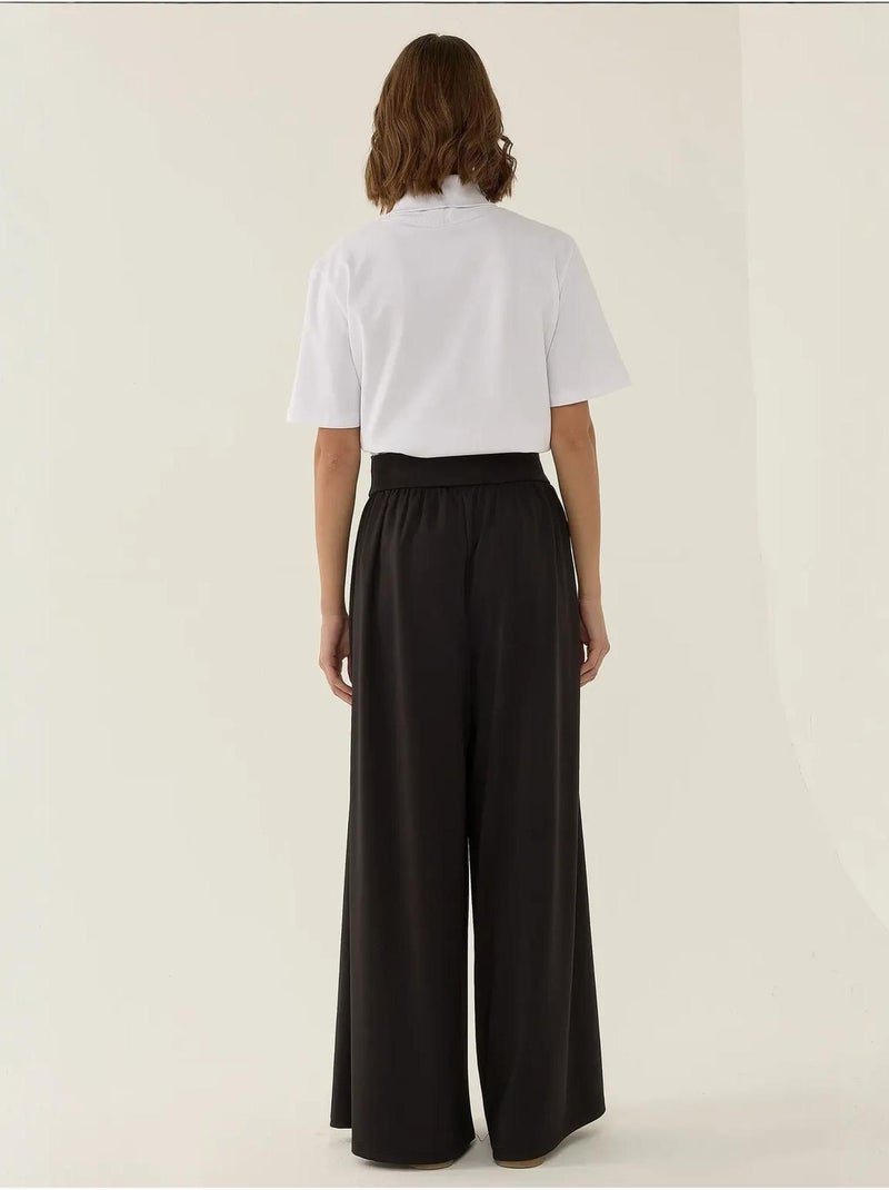 Pantalon en jersey à taille haute et jambes larges plissées Noir - Kiabi