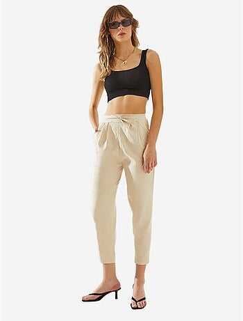 Pantalon en lin à chevrons bianco avec détails à la taille lucci