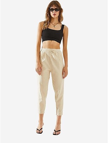 Pantalon en lin à chevrons bianco avec détails à la taille lucci