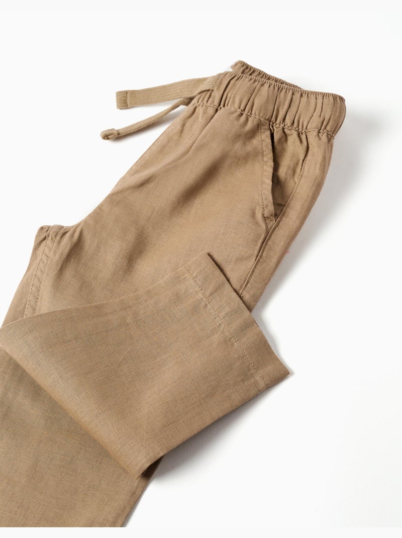 Pantalon en lin avec cordon de serrage Beige foncé - Kiabi
