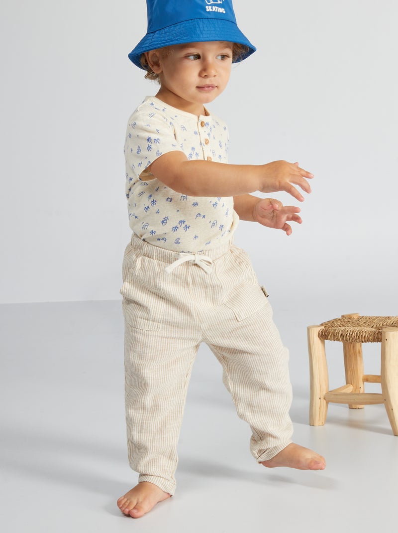 Pantalon en lin et en coton Beige à rayures - Kiabi