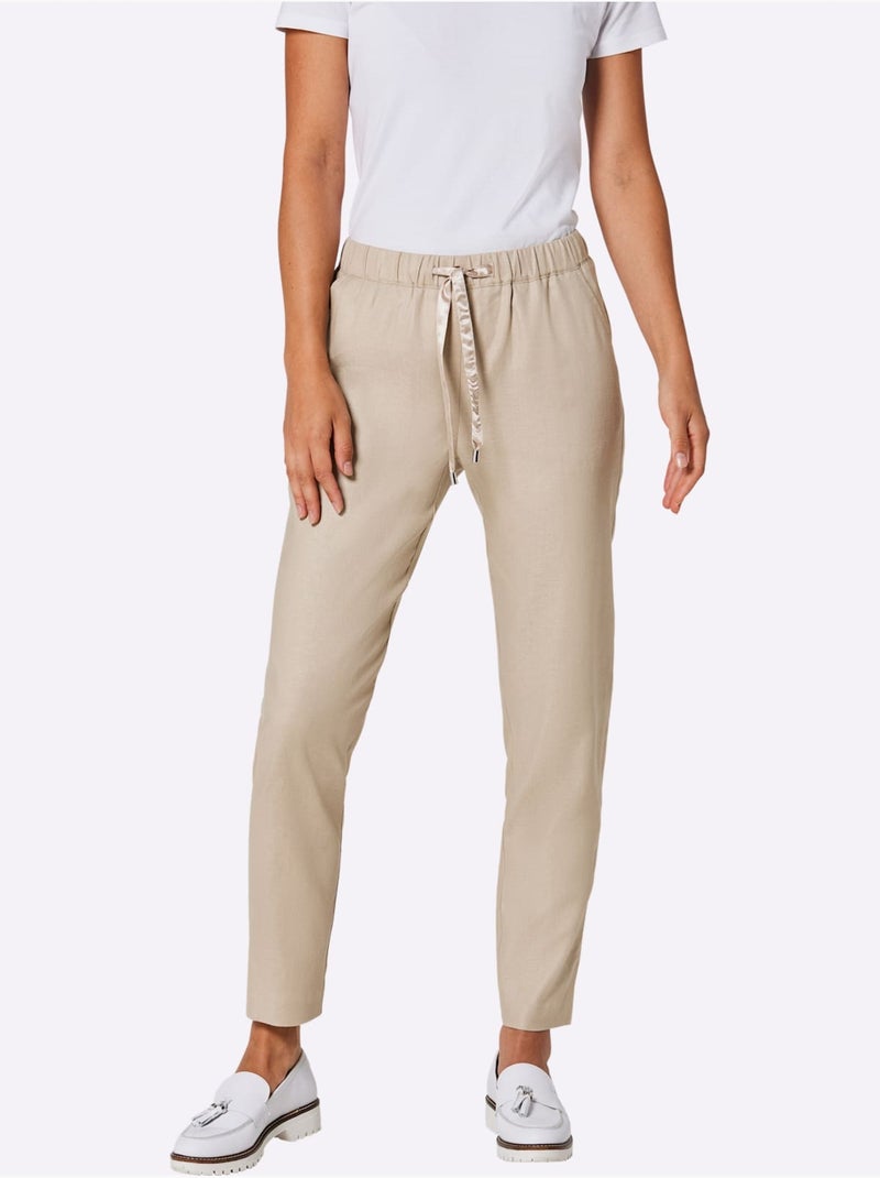 Pantalon En Lin Mélange Viscose-lin Estival - Taille Courte - helline Beige - Kiabi
