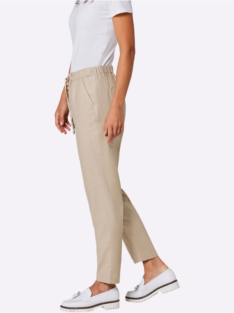 Pantalon En Lin Mélange Viscose-lin Estival - Taille Courte - helline Beige - Kiabi
