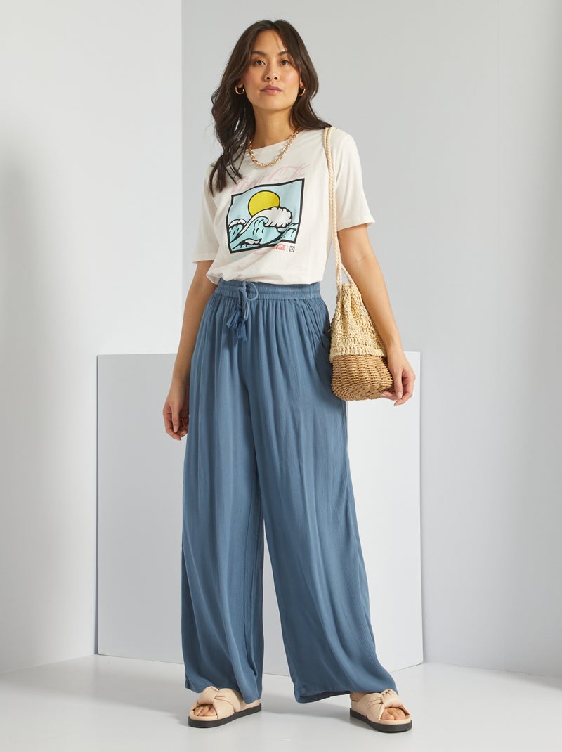 Pantalon en maille crêpée Bleu - Kiabi
