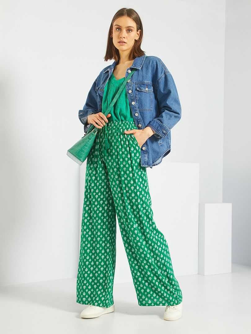 Pantalon en maille crêpée Vert imprimé - Kiabi