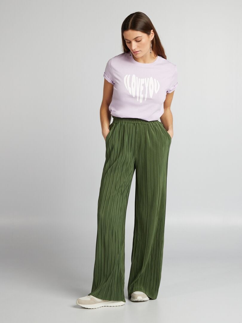 Pantalon en maille plissée à taille élastiquée Vert - Kiabi