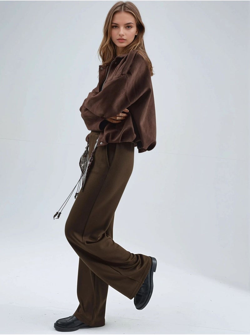 Pantalon en maille taille haute à jambes droites Marron foncé - Kiabi