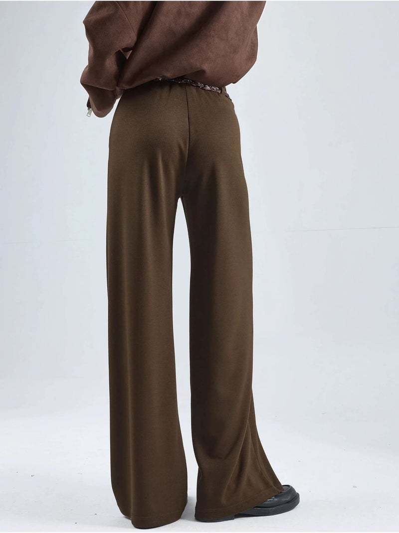 Pantalon en maille taille haute à jambes droites Marron foncé - Kiabi