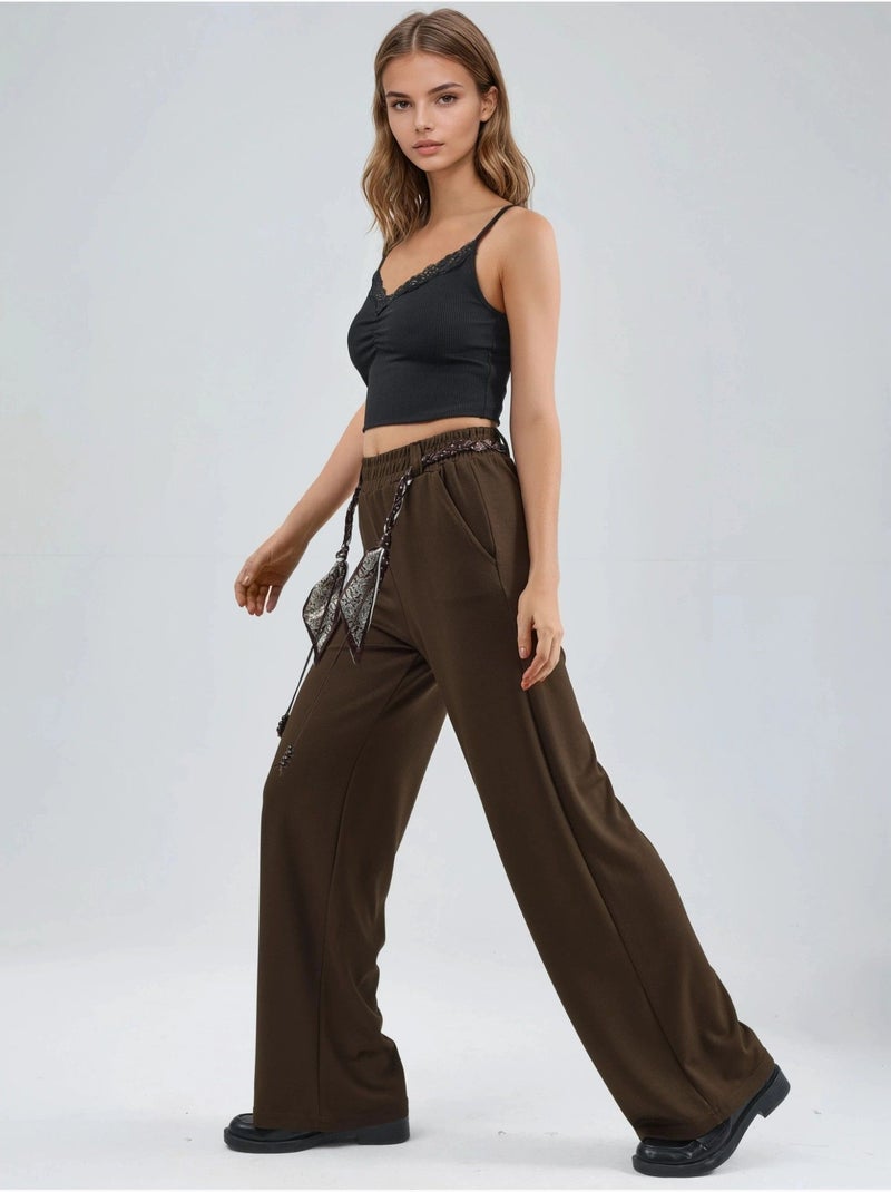 Pantalon en maille taille haute à jambes droites Marron foncé - Kiabi