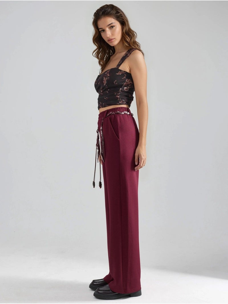 Pantalon en maille taille haute à jambes droites Rouge bordeaux - Kiabi