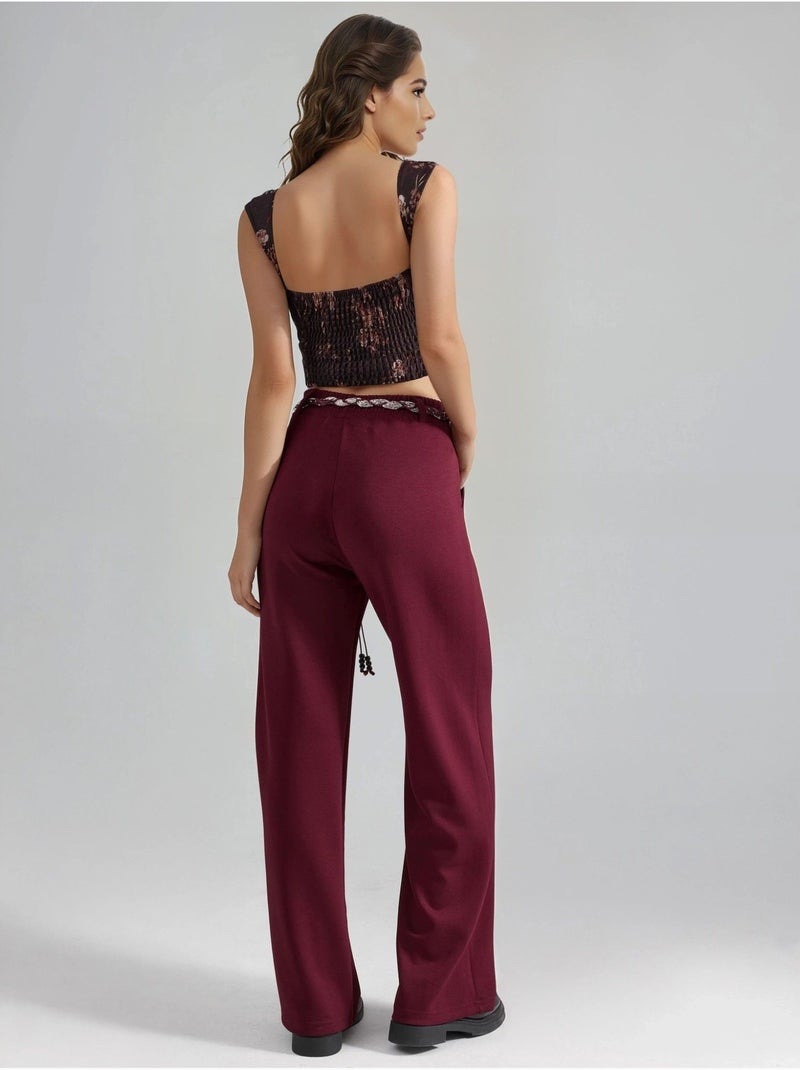 Pantalon en maille taille haute à jambes droites Rouge bordeaux - Kiabi