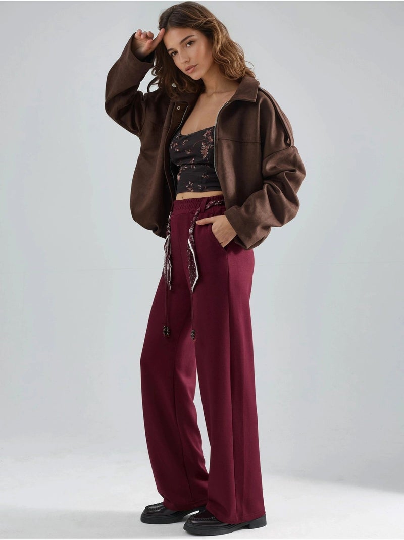 Pantalon en maille taille haute à jambes droites Rouge bordeaux - Kiabi