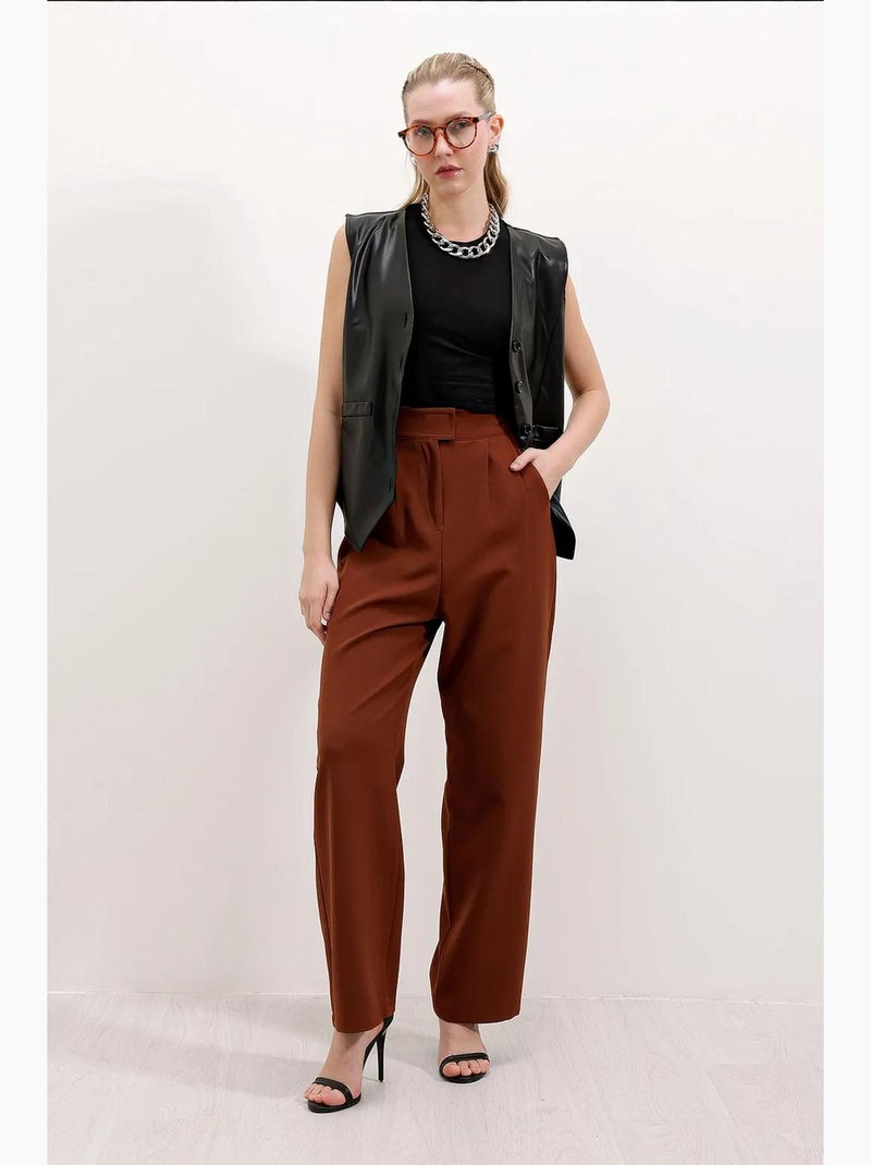 Pantalon en satin plissé taille haute à jambes larges bdart Marron chocolat - Kiabi
