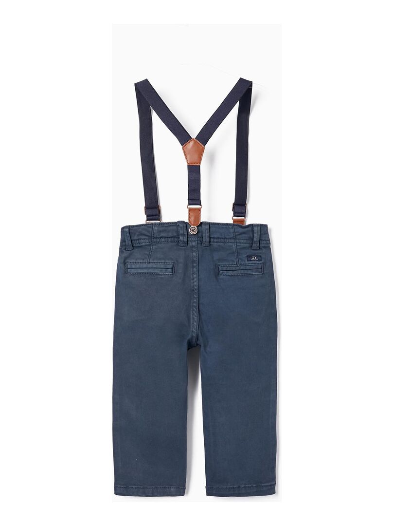Bertrand, Pantalon Garçon à Bretelles Amovibles Tartan Bleu et Cannelle