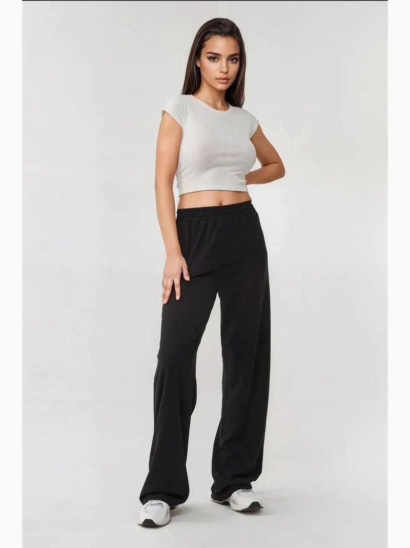 Pantalon en tricot à jambes larges avec taille élastique hiccup Noir - Kiabi