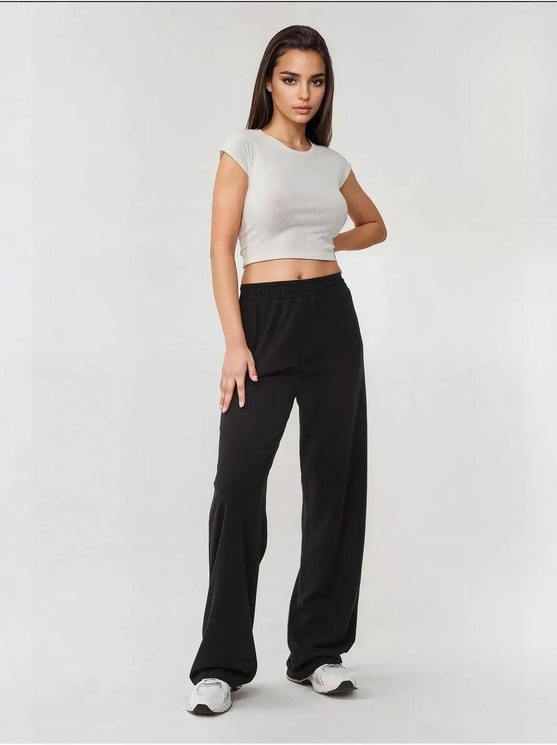 Pantalon en tricot à jambes larges avec taille élastique Noir - Kiabi
