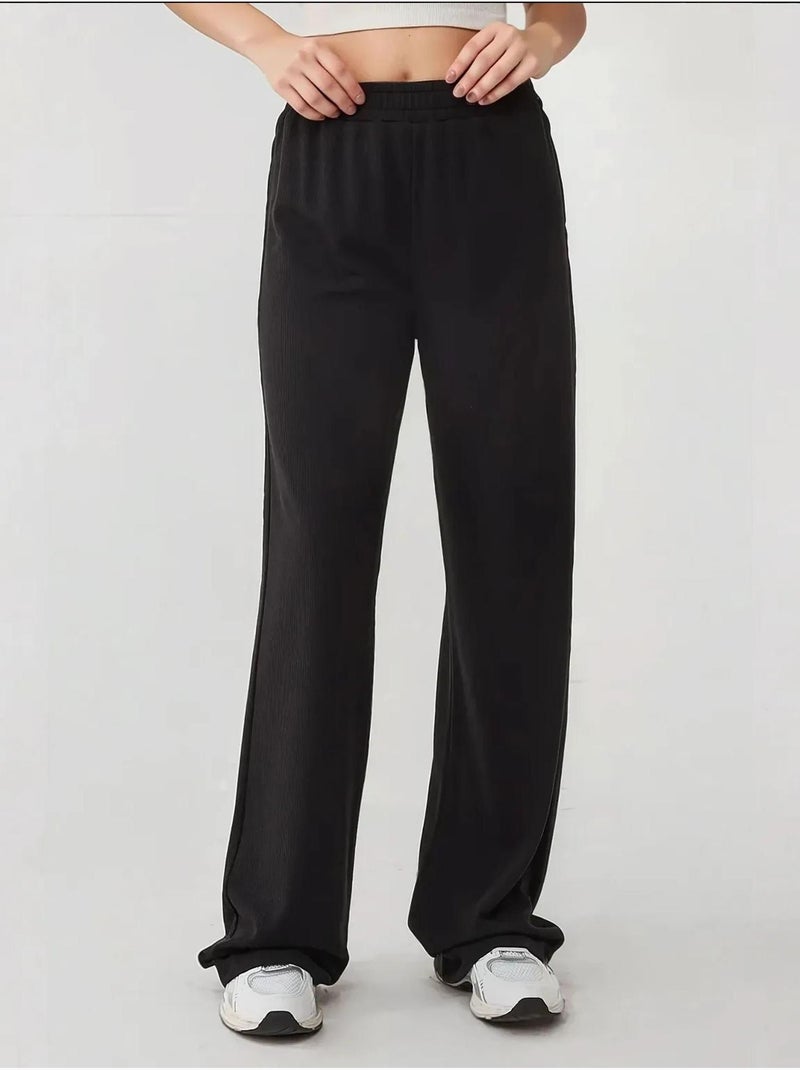 Pantalon en tricot à jambes larges avec taille élastique Noir - Kiabi