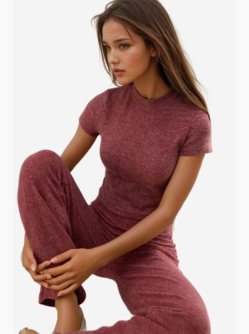 Pantalon en tricot doux et texturé à taille élastique hiccup Rouge bordeaux - Kiabi