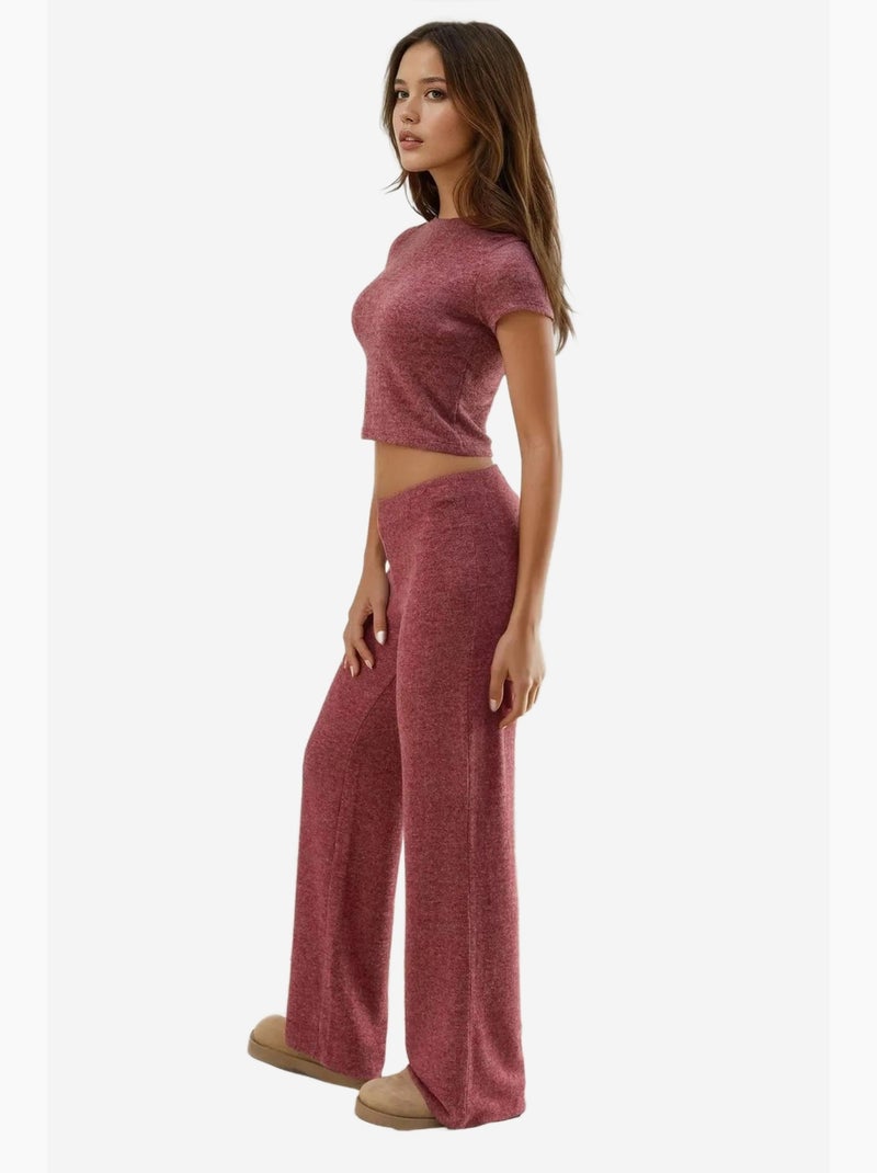 Pantalon en tricot doux et texturé à taille élastique hiccup Rouge bordeaux - Kiabi