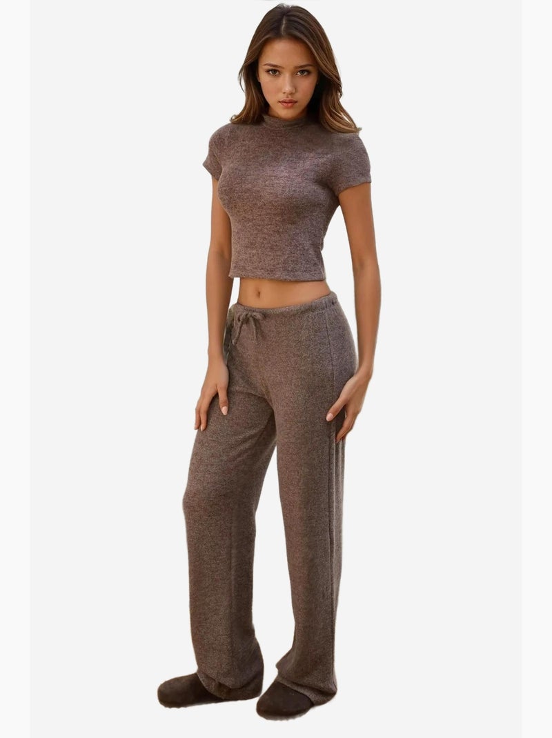 Pantalon en tricot doux et texturé avec cordons hiccup Marron clair - Kiabi