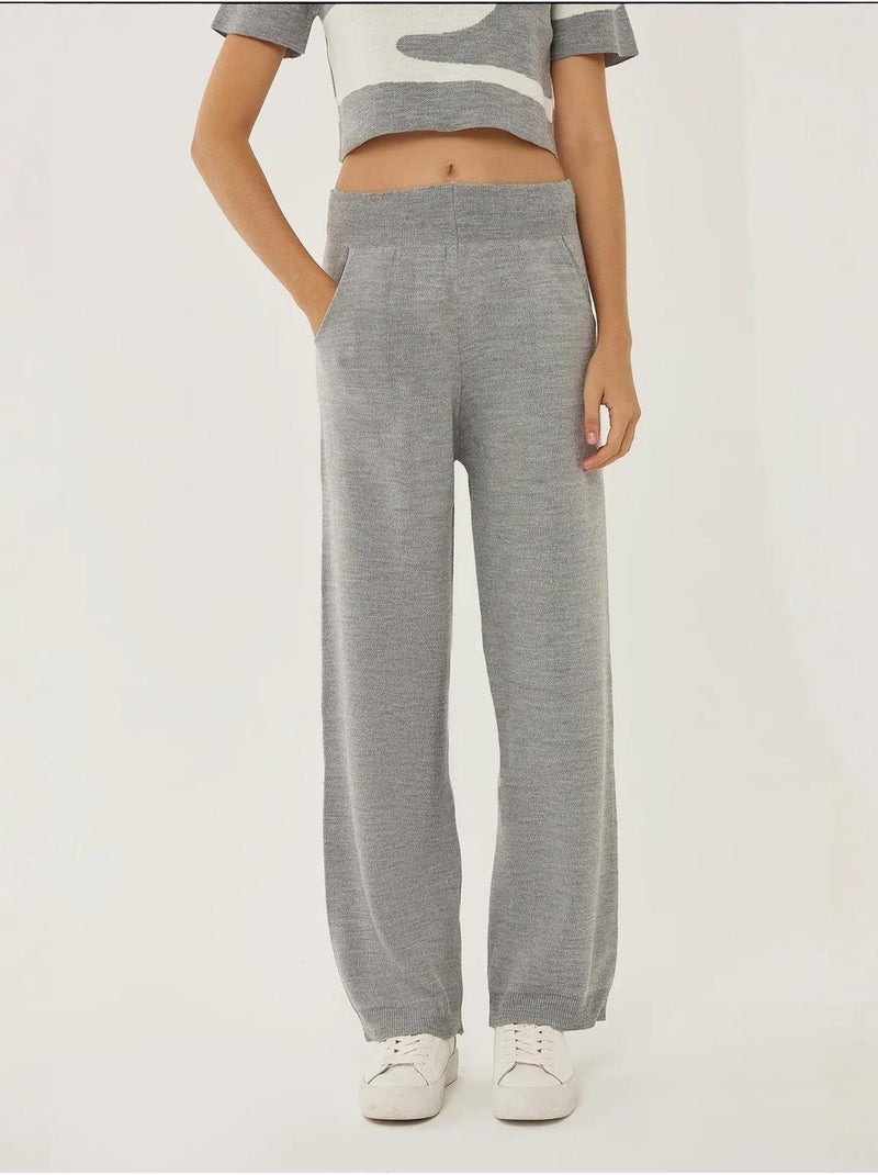 Pantalon en tricot taille haute à jambes larges Gris - Kiabi