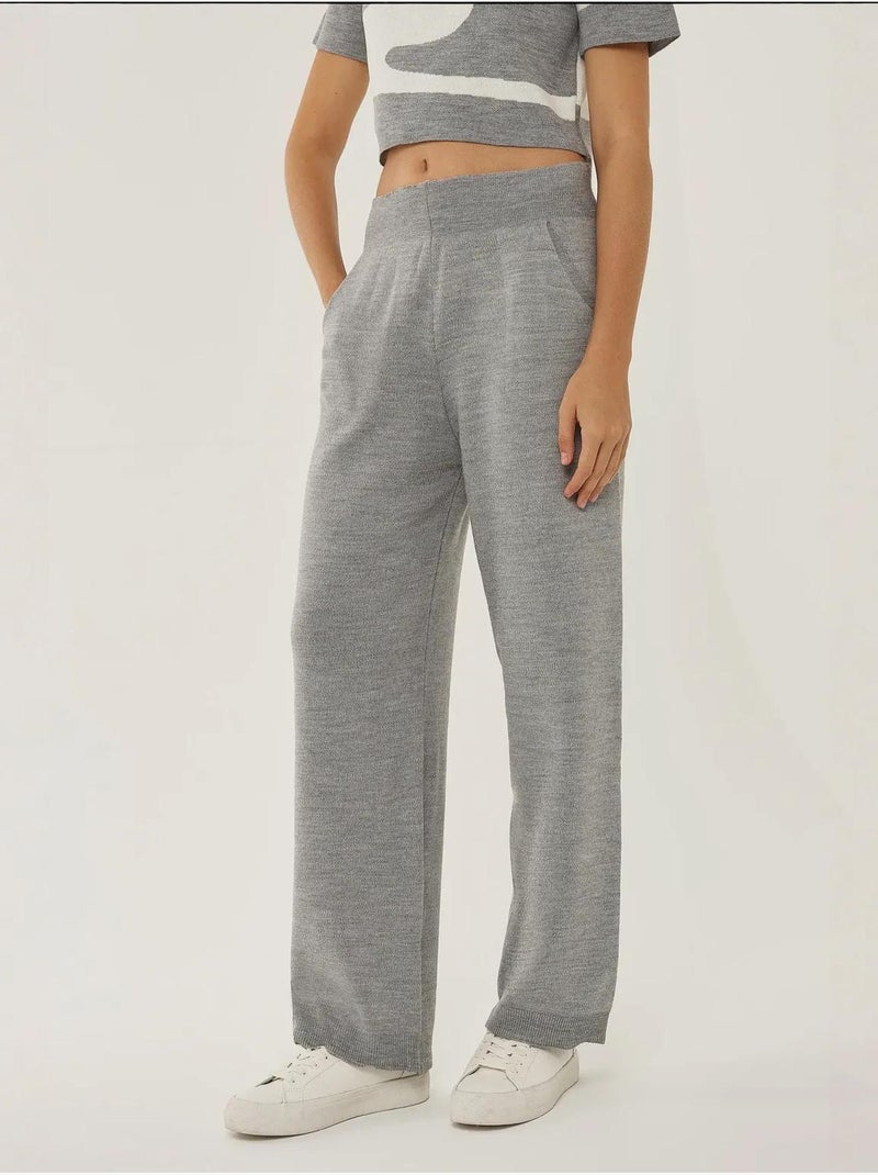 Pantalon en tricot taille haute à jambes larges Gris - Kiabi