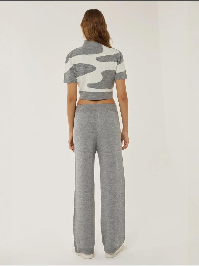 Pantalon en tricot taille haute à jambes larges Gris - Kiabi