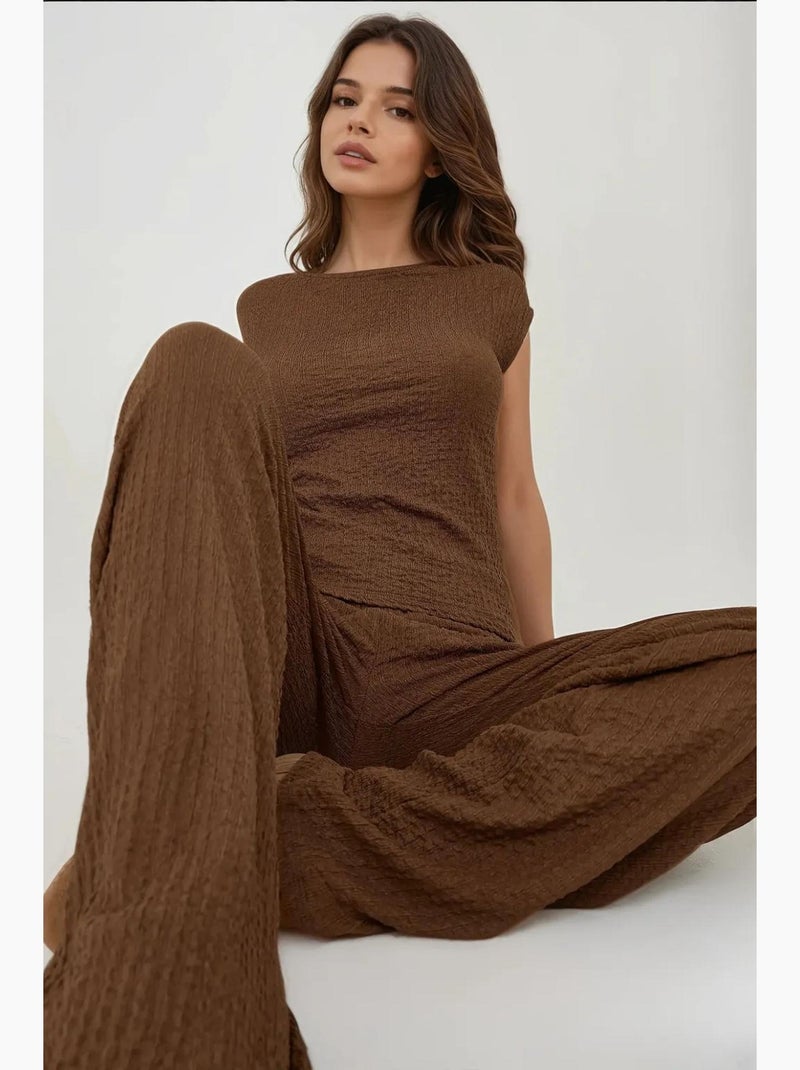 Pantalon en tricot texturé à jambe large et coupe décontractée hiccup Marron - Kiabi
