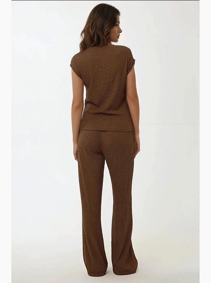 Pantalon en tricot texturé à jambe large et coupe décontractée hiccup Marron - Kiabi