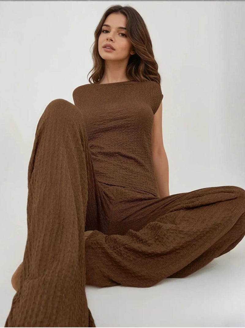Pantalon en tricot texturé à jambe large et coupe décontractée Marron - Kiabi