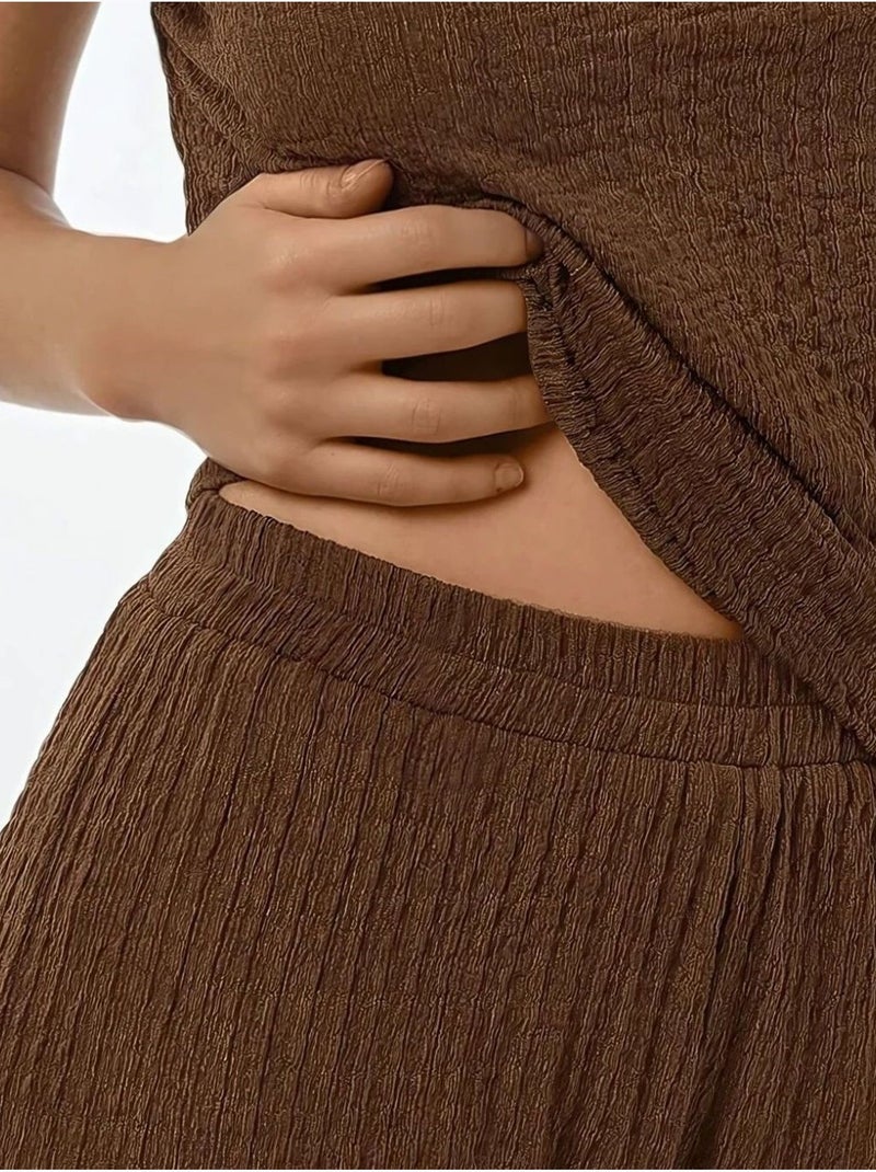Pantalon en tricot texturé à jambe large et coupe décontractée Marron - Kiabi