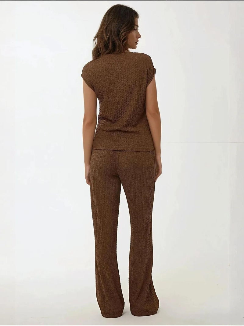 Pantalon en tricot texturé à jambe large et coupe décontractée Marron - Kiabi