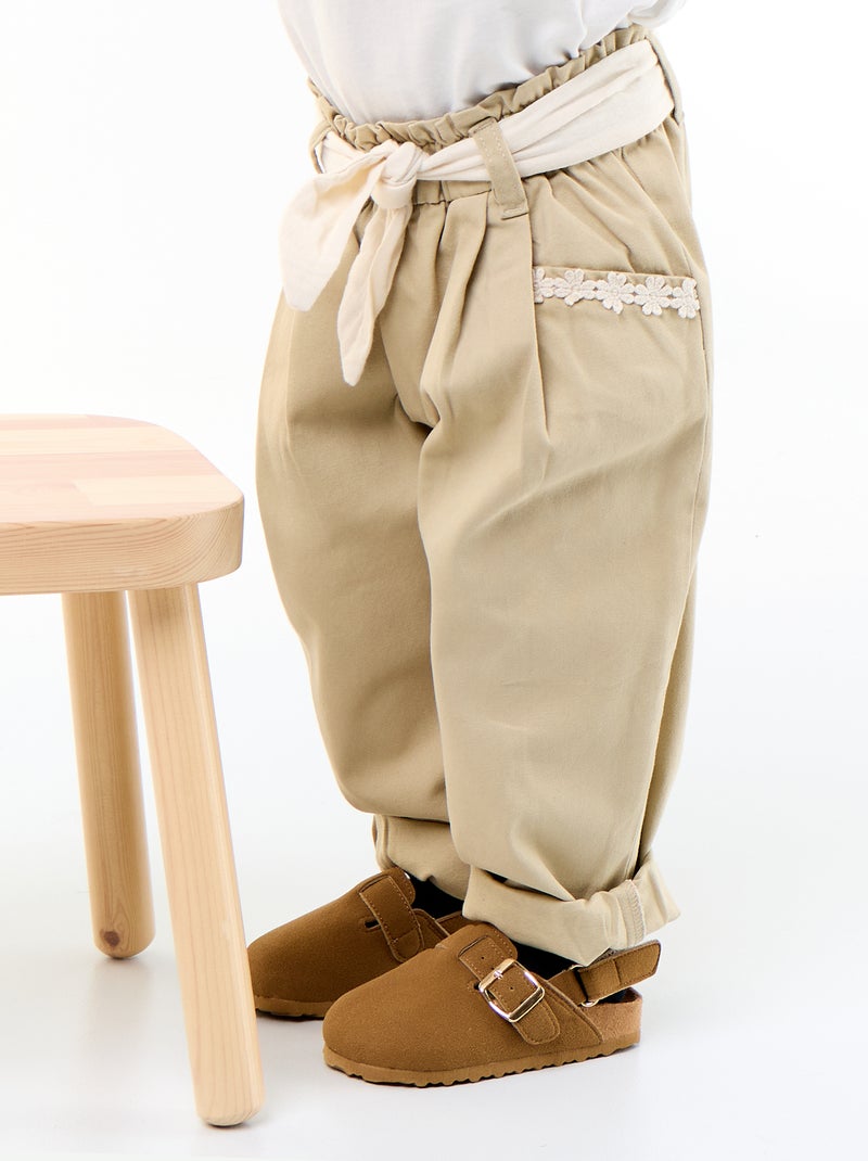 Pantalon en twill + ceinture à nouer Beige - Kiabi