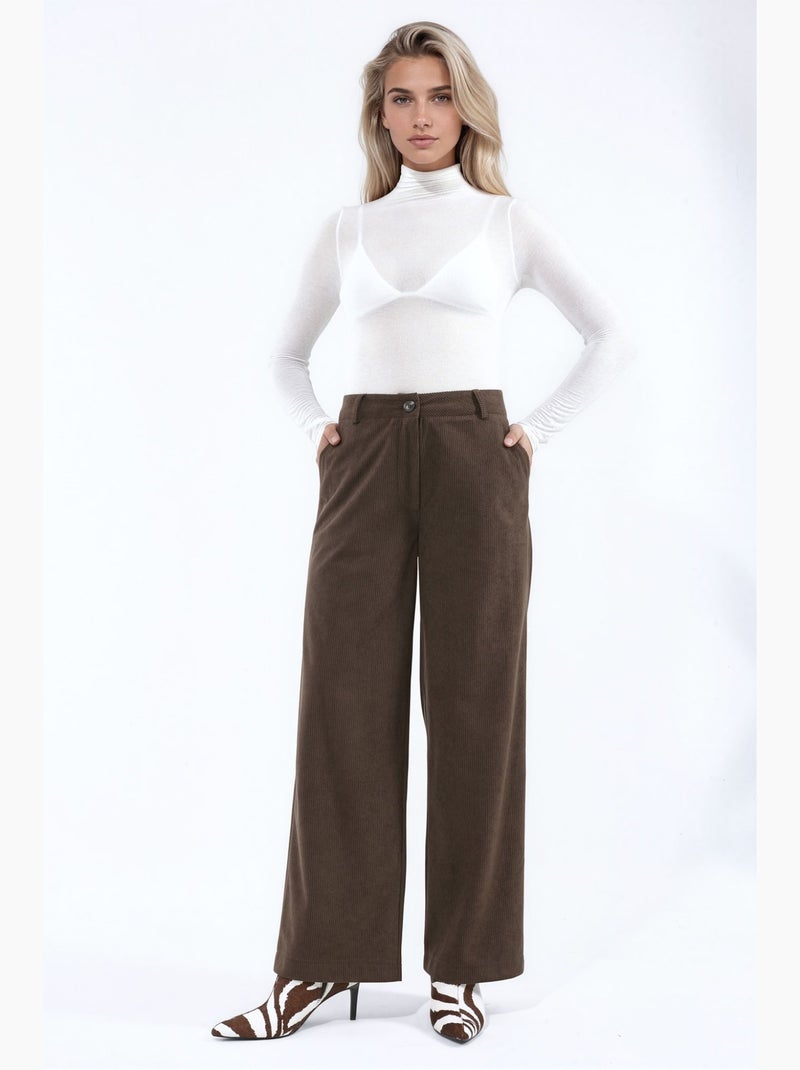 Pantalon en velours à taille haute et jambe droite hiccup Marron - Kiabi
