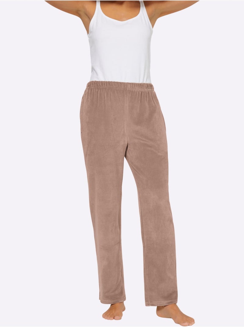 Pantalon en velours ras avec ceinture élastique et poches - Taille courte - Witt Beige - Kiabi