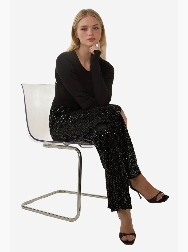 Pantalon évasé à paillettes hiccup Noir - Kiabi