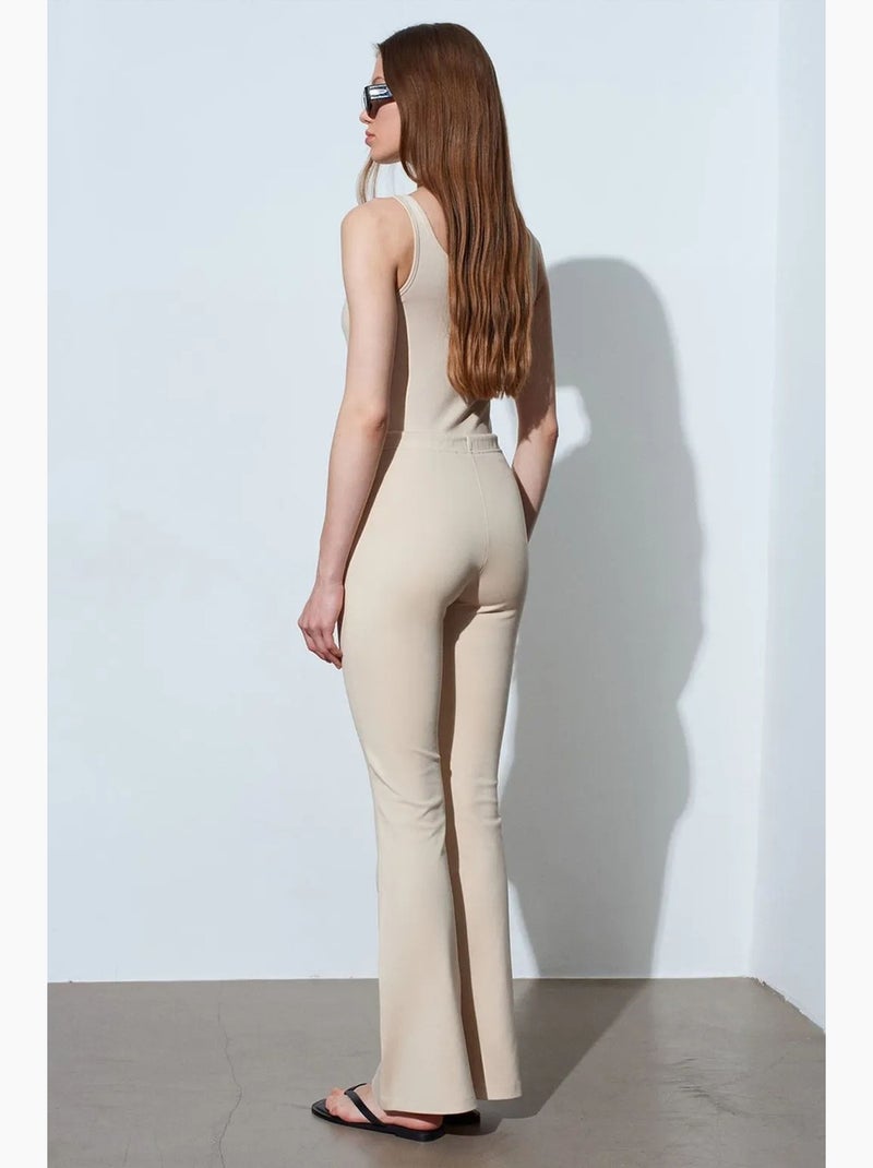 Pantalon évasé en jersey à taille mi-haute et lien dilvin Beige argile - Kiabi