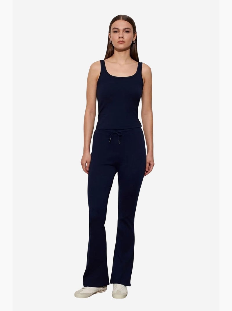 Pantalon évasé en jersey à taille mi-haute et lien dilvin Bleu marine - Kiabi