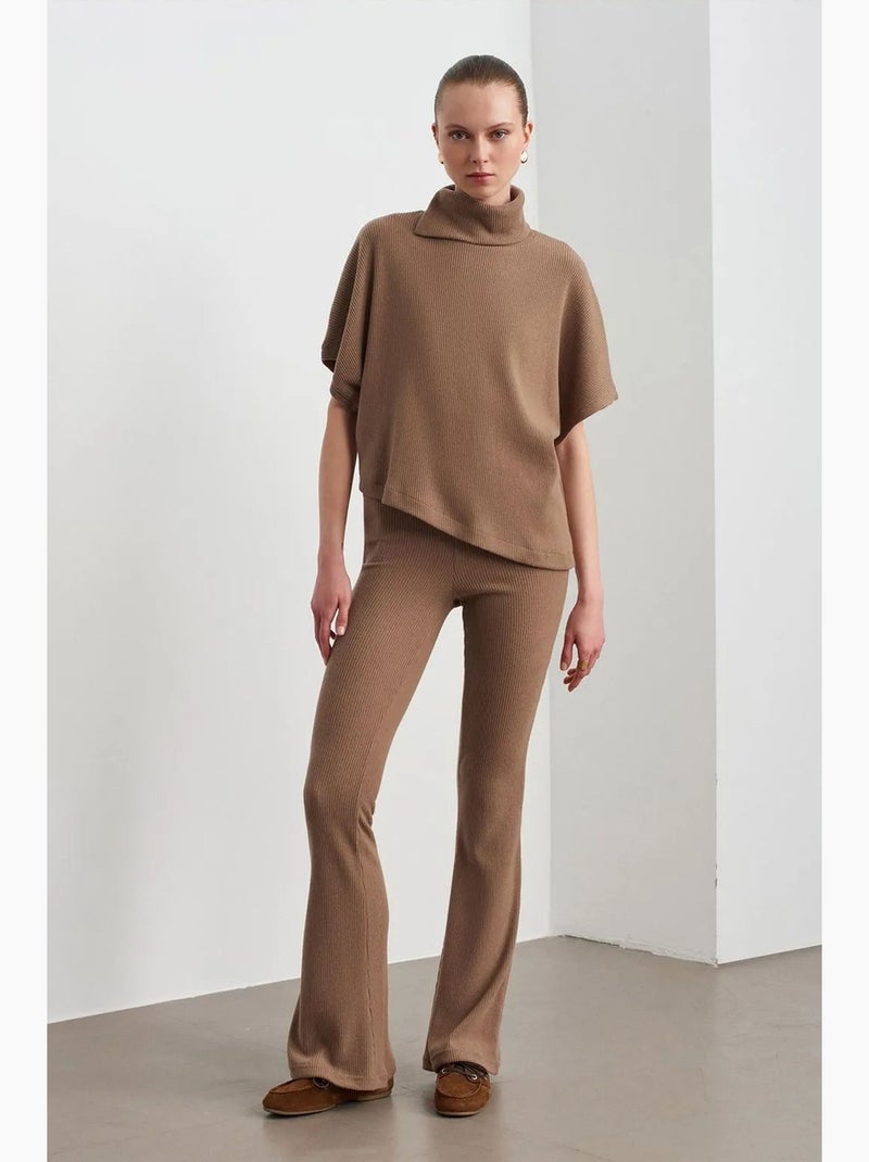 Pantalon évasé en maille, taille haute dilvin Camel - Kiabi