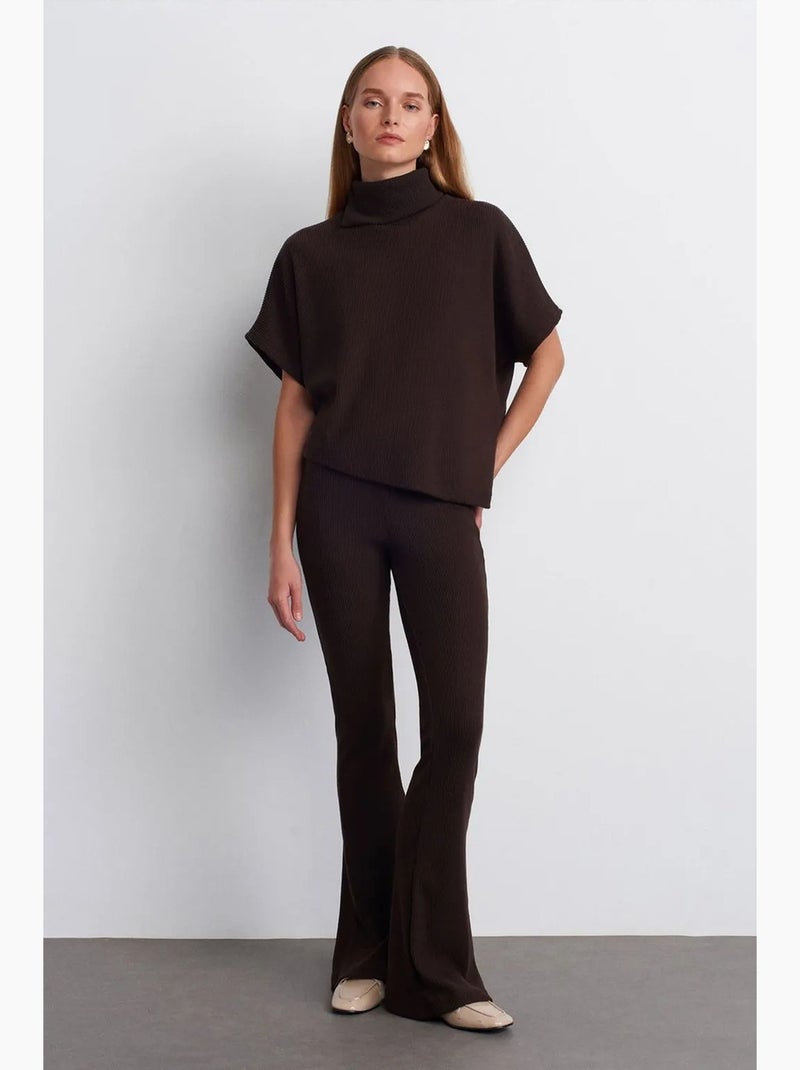 Pantalon évasé en maille, taille haute dilvin Marron chocolat - Kiabi