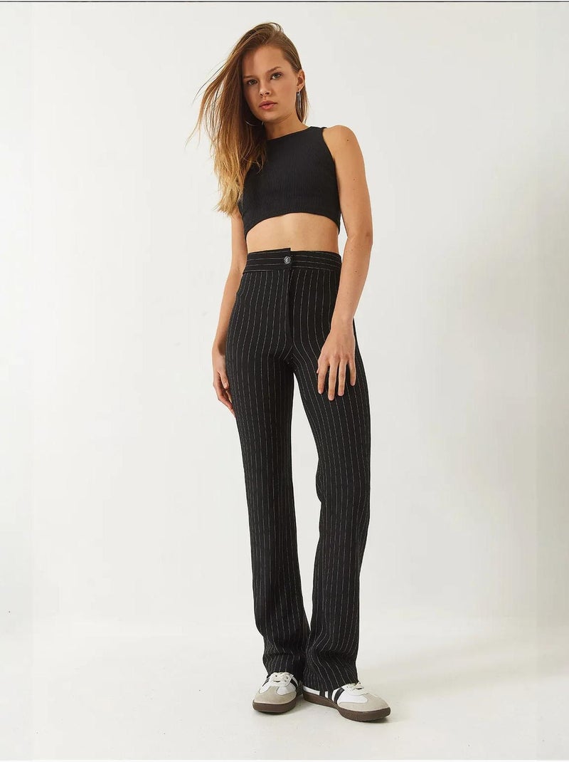 Pantalon évasé rayé taille haute lucci Noir - Kiabi