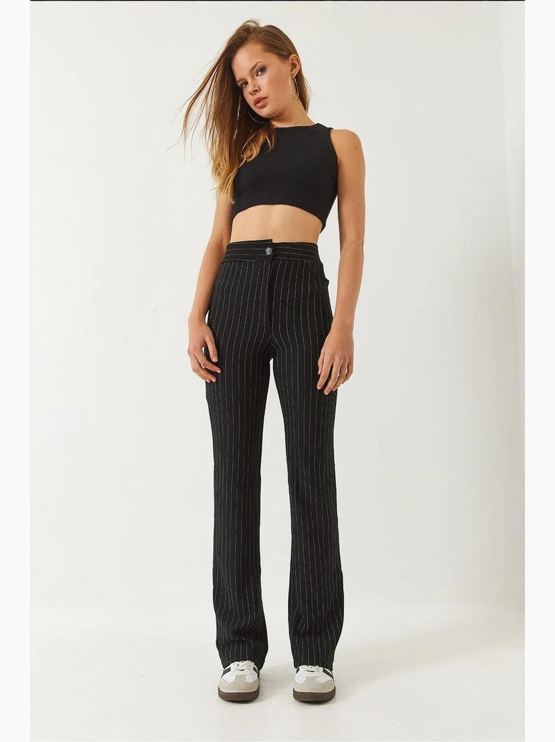Pantalon évasé rayé taille haute lucci Noir - Kiabi