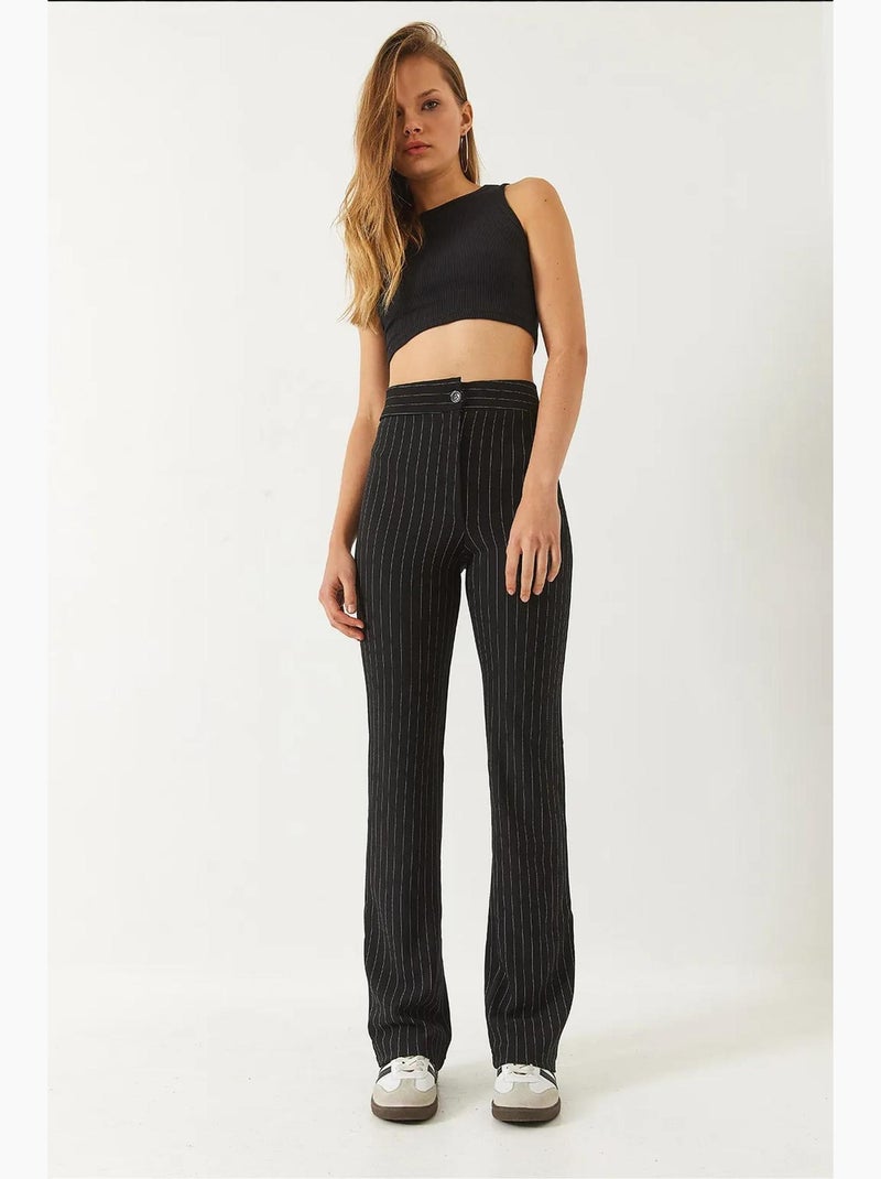 Pantalon évasé rayé taille haute lucci Noir - Kiabi