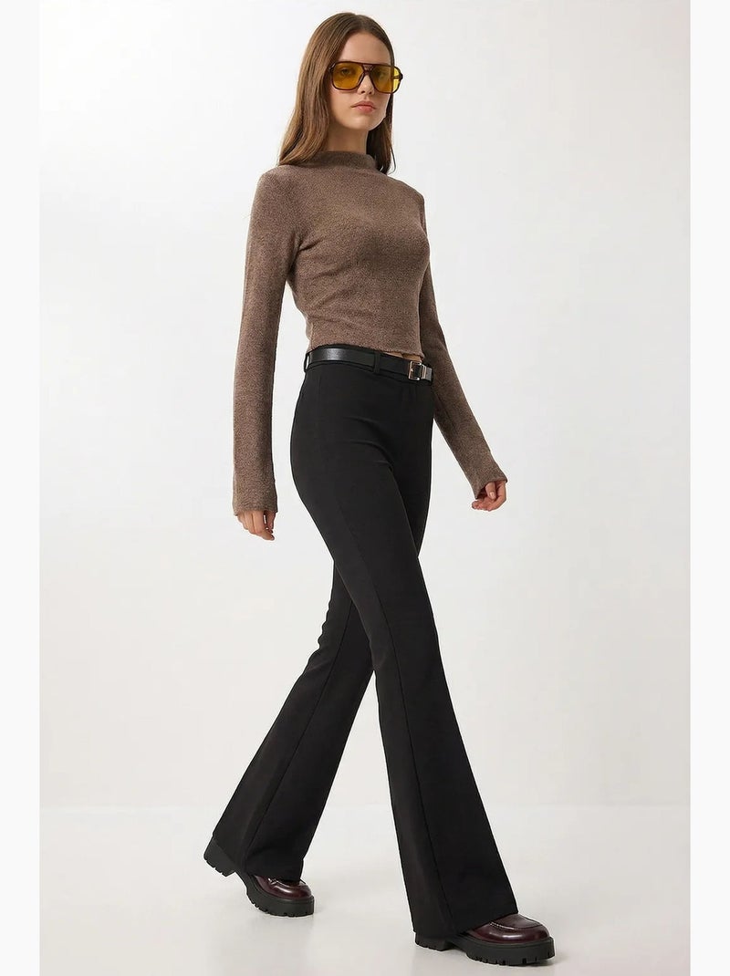 Pantalon évasé taille haute avec ceinture istanbul Noir - Kiabi