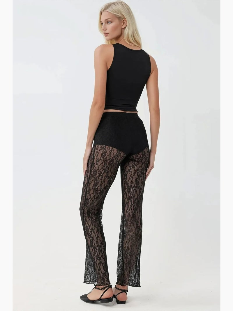Pantalon évasé taille haute en dentelle hiccup Noir - Kiabi